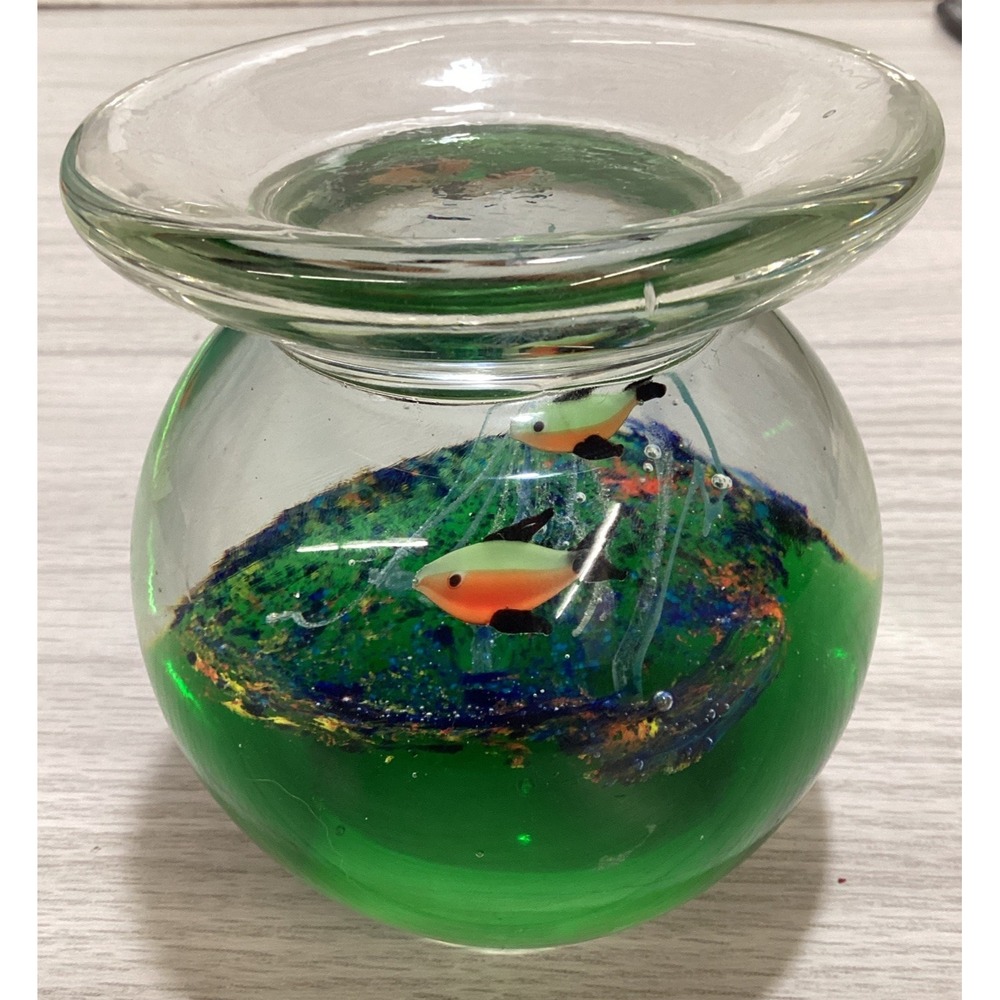 Art Deco‎ Glass Paperweight 4x4.75 3.75" (Top) Multicolor Ocean Theme w/ Fish